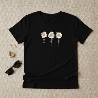 Blusa Feminina T-Shirt Margarida Flor Fofa Manga Curta Gola Redonda Tecido 100% Algodão Premium Novo