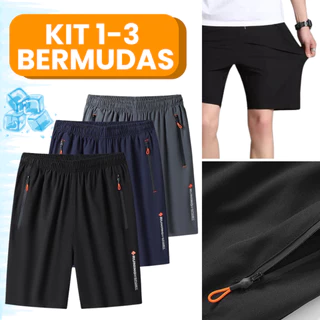 Kit 1-3 Bermuda Short Praia Dry-Fit Alto Padrão Bolso Zíper Masculino Academia Casual Treino Fitness Secagem Rápida Espo