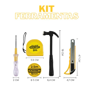 Kit de Ferramentas 5 Peças — Martelo, Estilete, Trena, Chave Teste e Fita Isolante