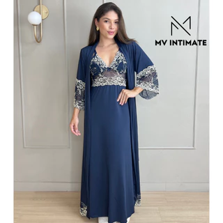 Kit Robe e Camisola Longos de Amamentação Sem Bojo em Microfibra Light com Renda Bicolor em Oferta na Shopee