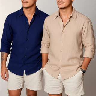 Kit 2 Camisa de Linho Manga Longa Viscolinho Elegante Old money Praia Masculina Muitas Cores