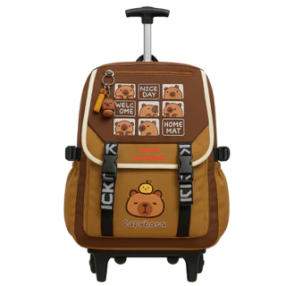 Mochila Escolar de Rodinhas Capivara Cute com Chaveiro 3 Compartimentos e Alça Reforçada Volta Aulas