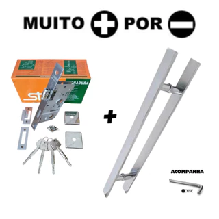 Kit Puxador Barra Chata Reto Inox 30x10mm Pé Redondo+Fechadura Stam 800 Rolete 4 Chaves