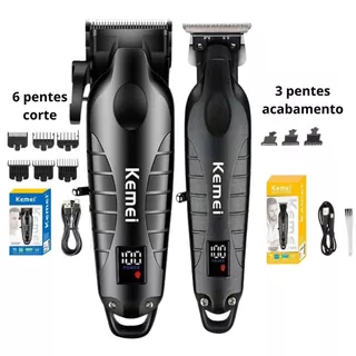 Kit Maquina Cortar Cabelo + Acabamento Kemei Original 10w Potente Detalier Barbeiro Profissional