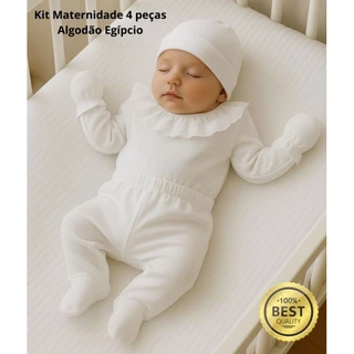 Body RN com Renda Algodão Egípcio – Kit Saída Maternidade Branco 04 peças Menina Mijão, Touca e Luvas elegância conforto