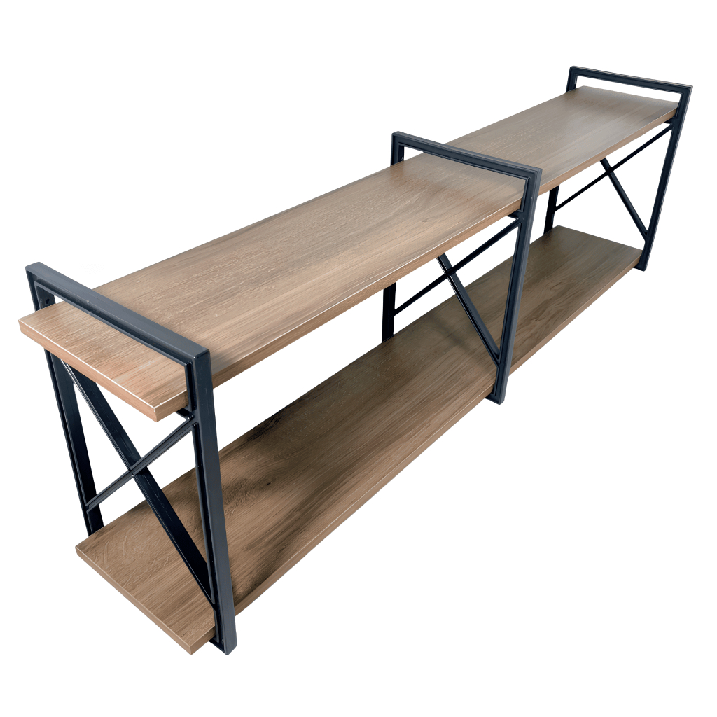 Prateleira X Estilo Industrial Vários tamanhos Madeira Amêndoa com Suporte Preto