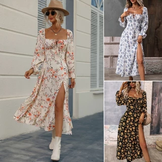 Vestido Longo Feminino Elegante Com Estampa Floral e Mangas Babado Barra Vestido Com Decote Quadrado em Oferta na Shopee