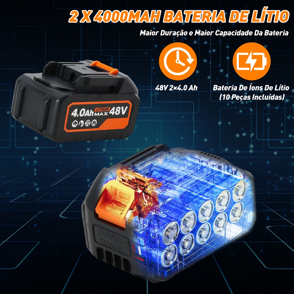 900N.M Parafusadeira Chave De Impacto 48V C/2Bateria + Luz