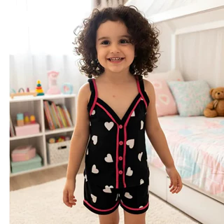 Pijama Infantil de Menina Americano de Botões Alça Calor Short e Regata Criança Verão 2 ao 12 Malha em Oferta na Shopee