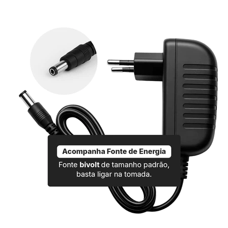 Fonte de energia bivolt com cabo para conexão do espelho LED