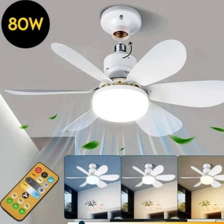 Ventilador de Teto PRO 80W ou 60W Super LED Lâmpada E27 Controle Remoto Luminária Economica de Energia 6 lâminas Bivolt