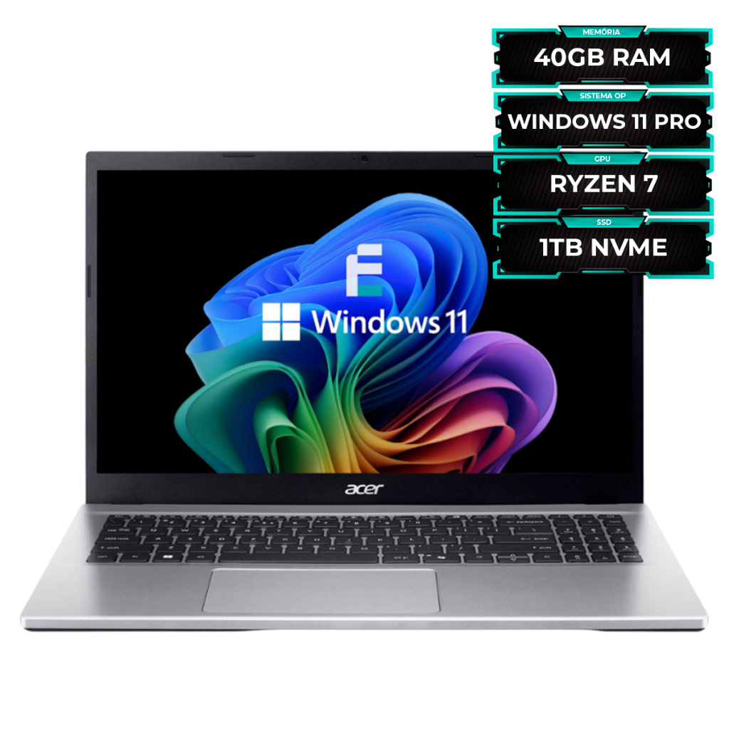 Notebook Acer Ryzen 7 Octa-cor 40gb Nvme 1TB 15.6' Full Hd