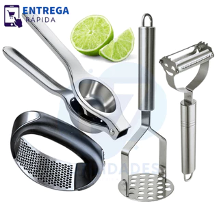 Kit 4 Peças Cozinha Inox Espremedor de Alho e Limão, Descascador de Legumes 2/1 Amassador de Batata em Oferta na Shopee