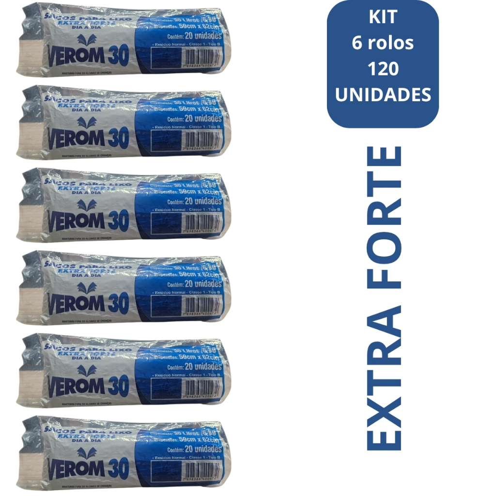 Saco para Lixo Verom Extra Forte 30 lts - Kit c/6 Rolos - 120 unidades ...