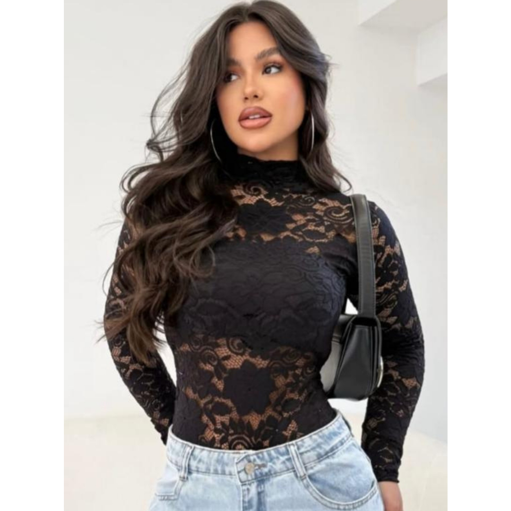 Body De Renda Feminino Preto Transparente Manga Longa Floral Sexy ...
