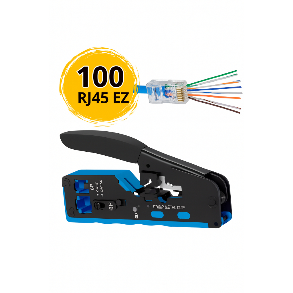100 Rj45 Ez + Alicate Crimpar Cabo Rede Cat5/6/7 Vazado Kit