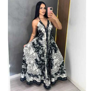 VESTIDO INDIANO ESTAMPADO LONGO FRENTE Única e costa Nua, ELEGANTE