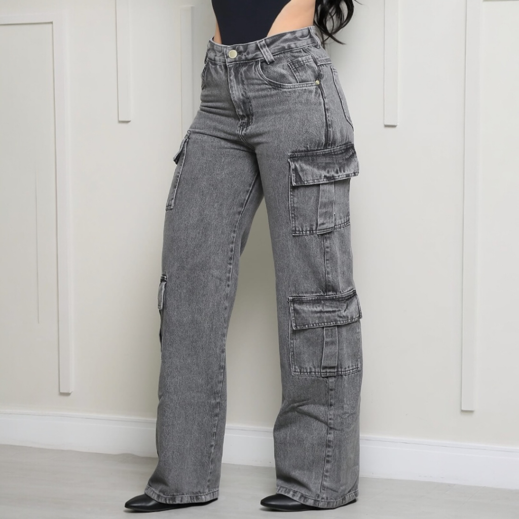 Calça jeans cargo grafite feminina de 4 bolsos laterais empina bumbum ...