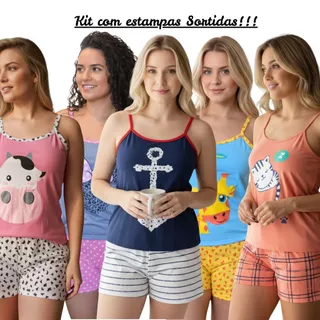 Kit com 5 Pijamas Feminino Curto Baby Doll alcinha e Short Verão em malha estampas sortidas em Oferta na Shopee