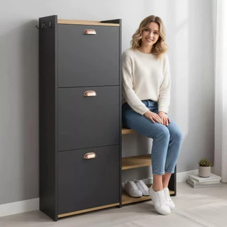Sapateira 3 Portas Gaveta Basculante E Banco Quarto Closet Organizadora Sapatos Dakota Kit Gancho
