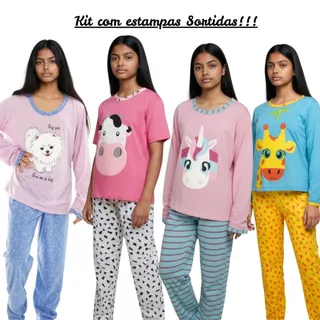 Kit com 2 Pijamas Infantil Feminino Meninas Manga Longa Inverno com Estampas Sortidas em Oferta na Shopee