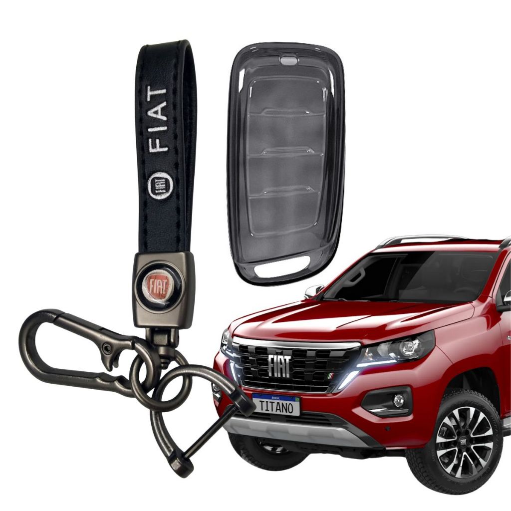 Capa de Chave Presença TPU Transparente Para Fiat Titano + Chaveiro Couro Premium 4 Botões