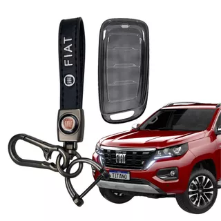 Capa de Chave Presença TPU Transparente Para Fiat Titano + Chaveiro Couro Premium 4 Botões