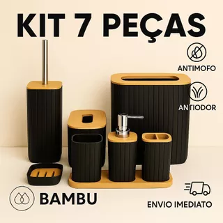Kit 7 Peças Banheiro em Bambu Completo Lixeira Tampa Porta Escova Sanitária Acessórios Lavabo