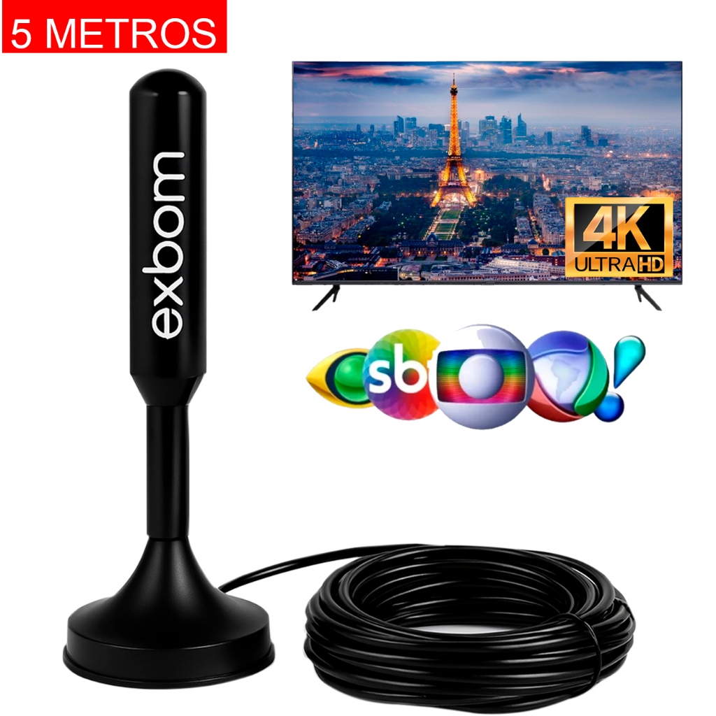 Antena Digital HDTV 4K 4dBi – Interna/Externa, Base Magnética Cabo 5m