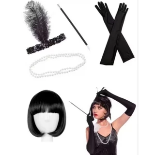 Fantasia Melindrosa Cabaré Festa Cosplay Luva Peruca Piteira Colar Faixa Adulto Mulher Jazz Feminino Great Gatsby