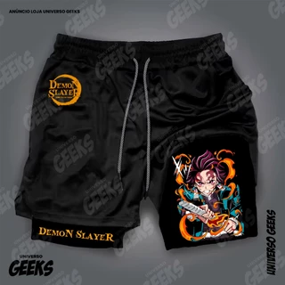 Short 2 em 1 Compressão Dry-Fit Estampado Demon Slayer Tanjiiro Inosuke Zenitsu Akaza Muzan Anime Geek Gym Fitness