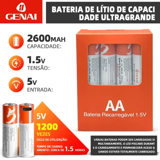 Kit 2 Pilhas Aa Recarregável 750mwh Genai Tipo C 1.5v 5v