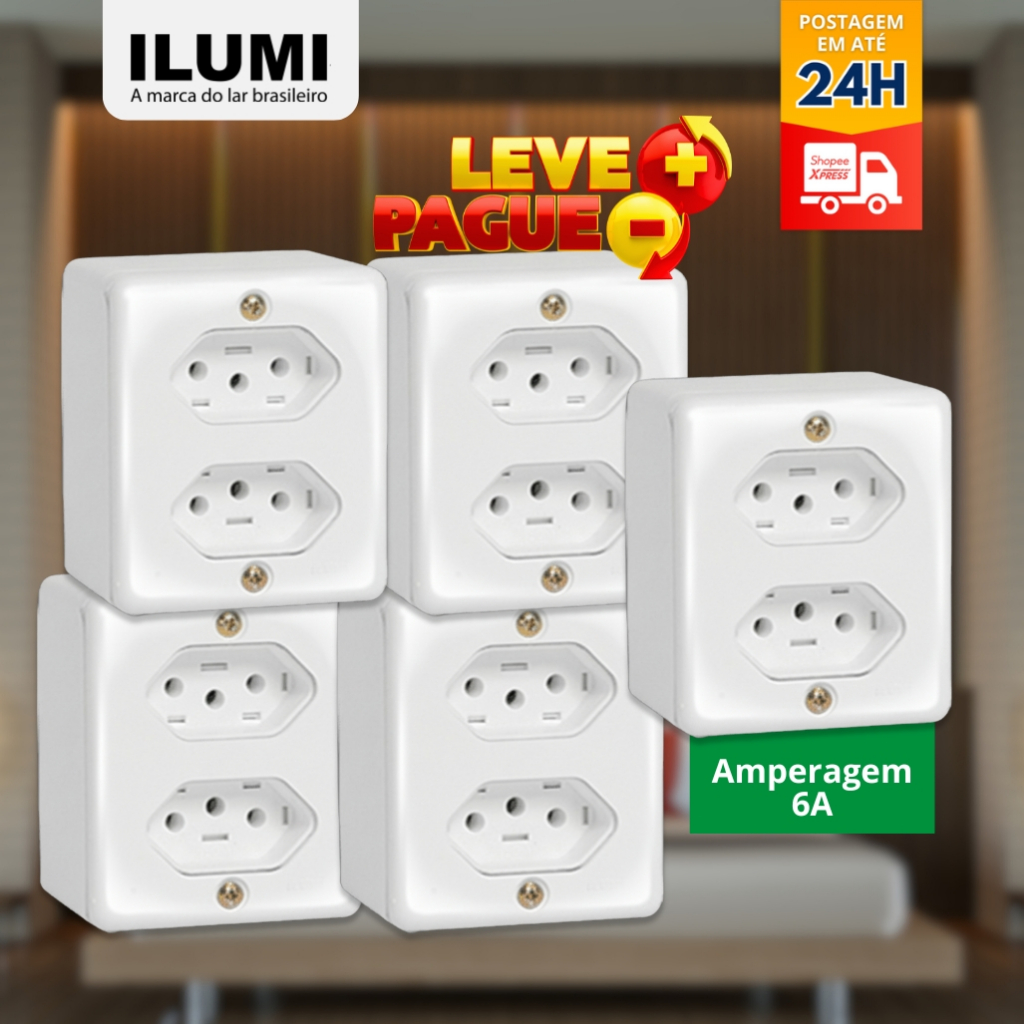 Kit 5 Tomadas Duplas 10a 250v 2p+t Linha Box Ilumi - 63120