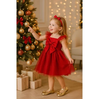 Vestido Infantil Festa Menina Tule com Laço | Natal 2026 | 1, 2, 3 ANOS