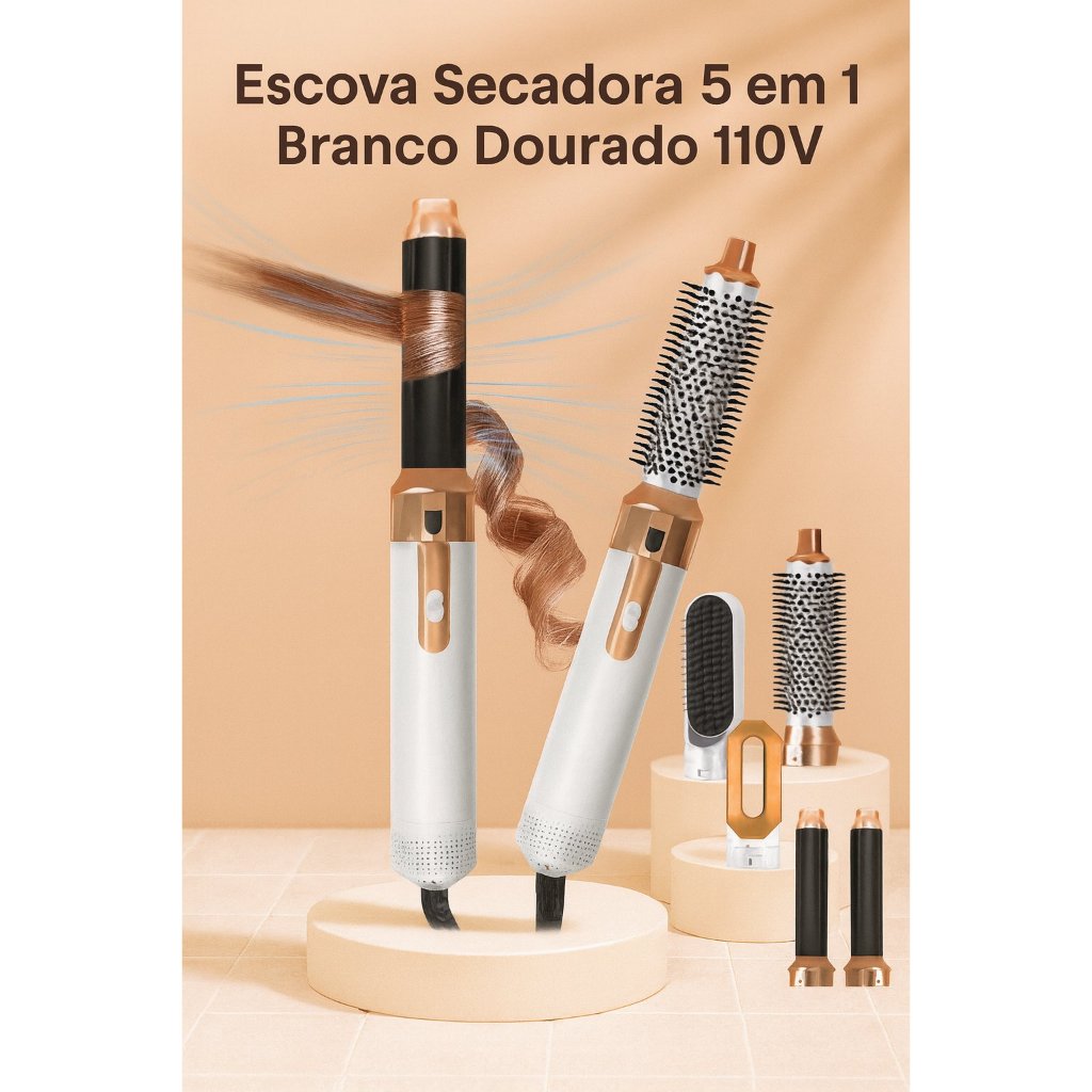 Escova 5 em 1 Seca, Modela e Alisa – Branco Dourado 110V | Shopee Brasil