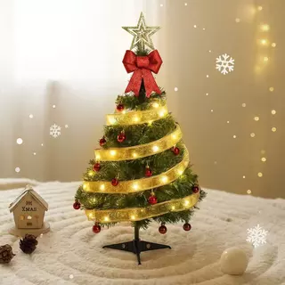 Árvore de Natal Verde 60cm com Luzes LED Fita Dourada Laço Vermelho Estrela Decorada Completa Natal Mesa Casa