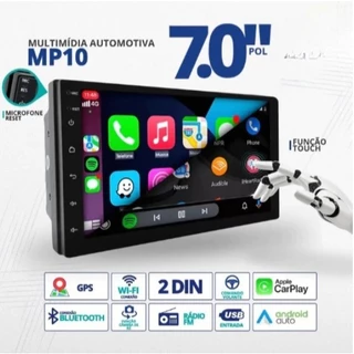 Central Multimídia 7” com Tela Touch 2DIN, CarPlay, Android Auto e Câmera de Ré 32GB