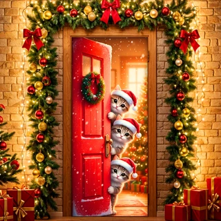 Capa de Porta Decorativa Natal Realista Gatos Pet 3d C/ Elástico 0,85x2,10 Mt