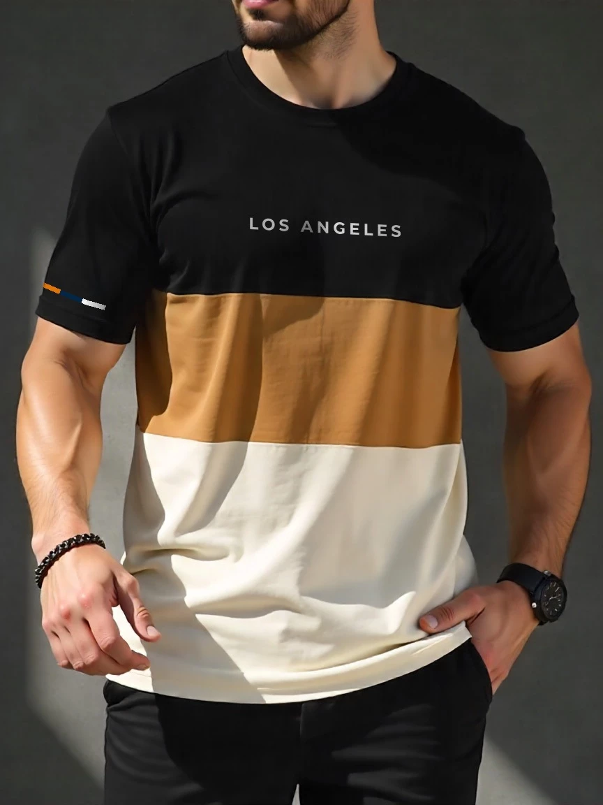 Camiseta Masculina Los Angeles Street Manga Detalhe Diverse 100% Algodão