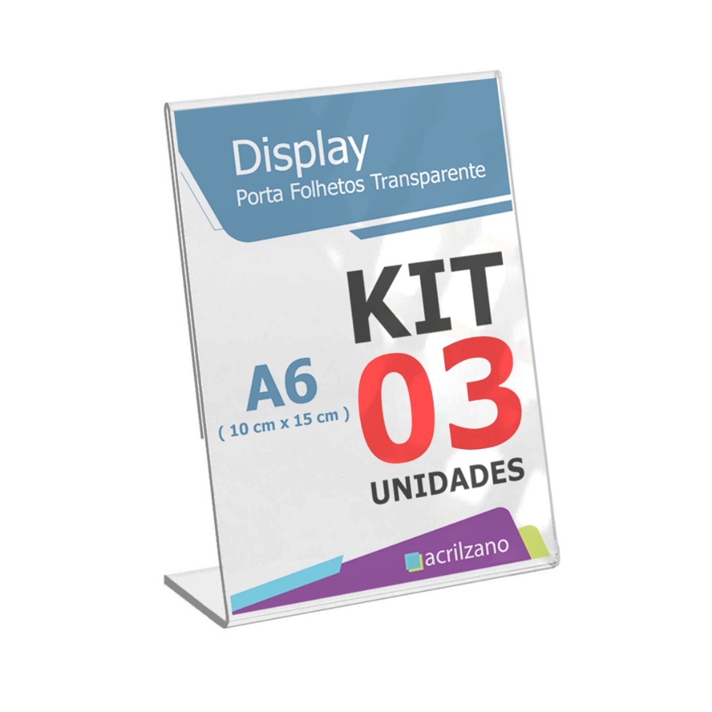 Kit 3 Displays A6 Acrílico 10x15cm Formato L para Mesa, Balcão ou ...