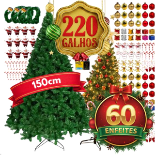 Árvore Natal 1.5m 150cm 220 Galhos 60 Enfeites Pinheiro Cheia Luxo Decoração Pés Reforçados Completa Envio Imediato