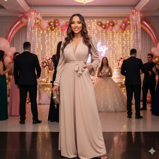 MACACÃO FEMININO FESTAS CASAMENTO PANTALONA ELEGANTE MANGA LONGA COM BOLSOS