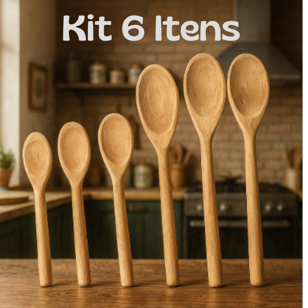Kit 06 Itens Colher de Pau Madeira Para Cozinha Com Cabo Liso 3 de 32cm 3 de 24cm