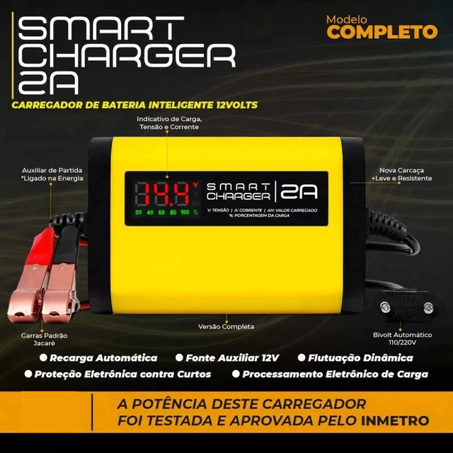 Carregador de bateria 12 volts inteligente de 2 amperes com display digital, bivolt automático 110 a 220 volts, modelo completo com garras