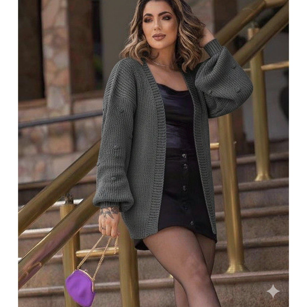Casaco Cardigan Kimono de Tricot Manga Bufante Pipoca | Shopee Brasil