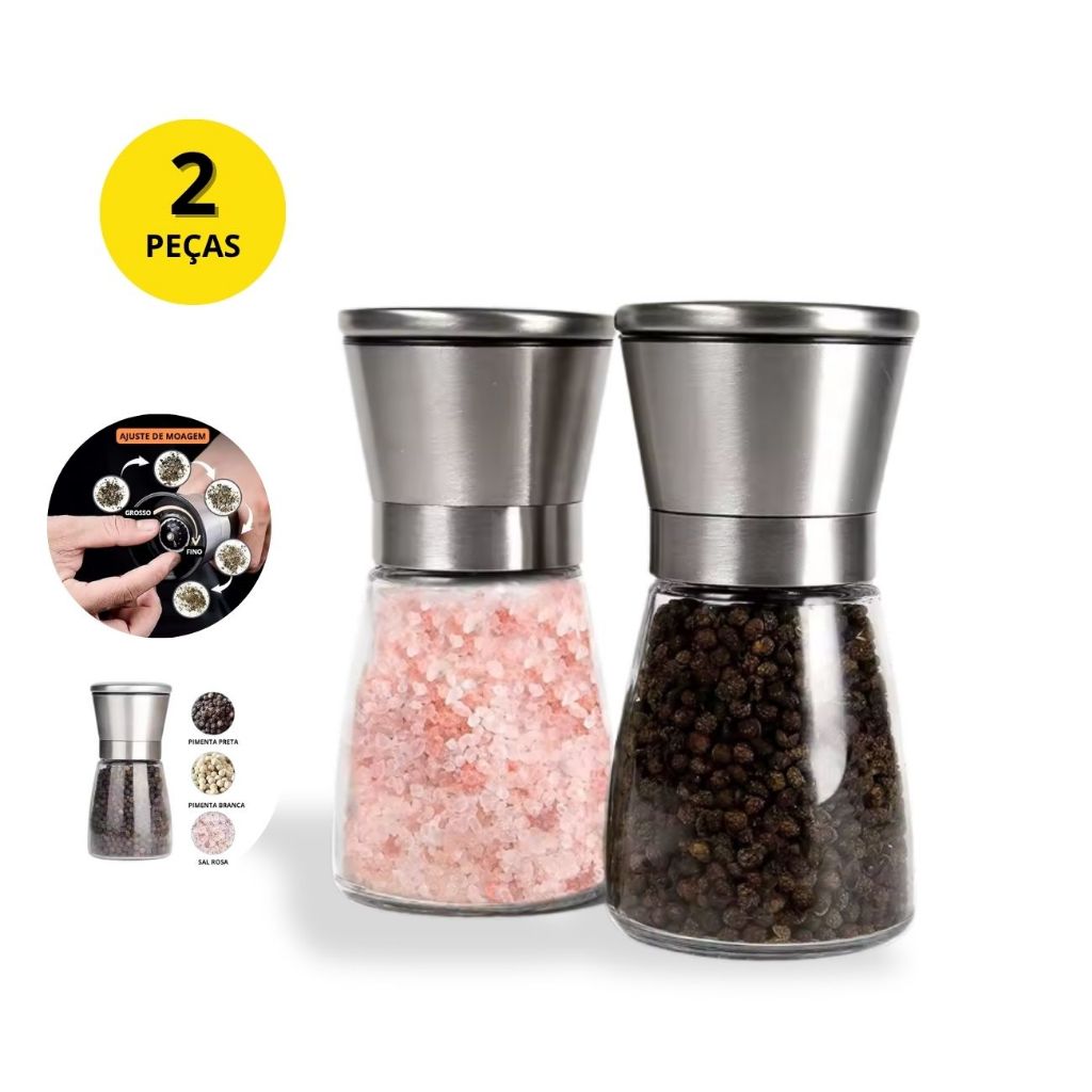 Kit 2 Moedor de Pimenta Sal Grosso Especiarias Manual Vidro 
