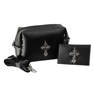 Kit Bolsa Tiracolo Preta e Carteira Crucifixo Cruz Spikes Alternativa Acessório Gótico Dark Feminino