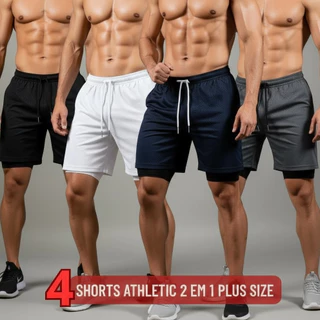 Kit 4 Shorts 2 em 1 Masculino PLUS SIZE G1 G2 G3 Bermuda Academia Camada dupla Bolso Estratégico