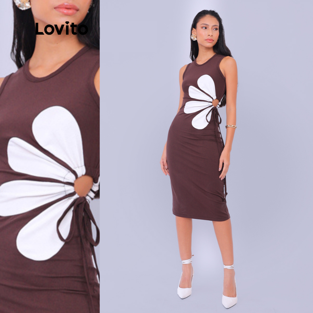 Lovito x Glenda Bossa l Vestido Feminino Casual Liso com Recorte de Flores LB889BRL919