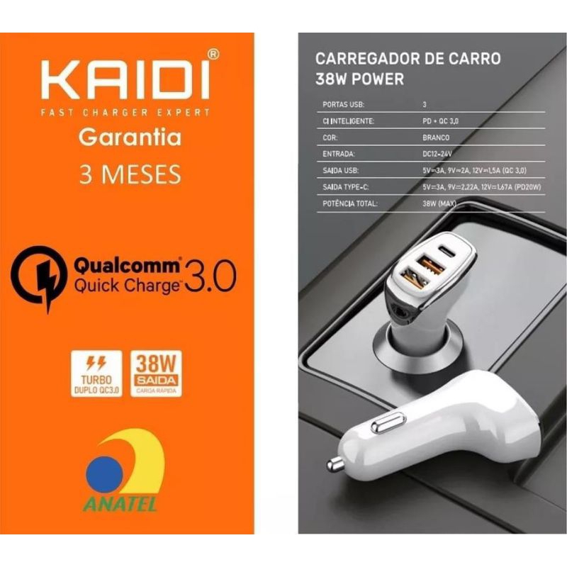Carregador Ve cular Turbo 38W Duplo USB E Tipo C KAIDI KD 304 Shopee 